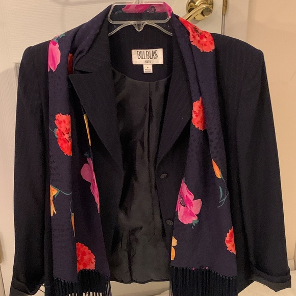 Pre-owned Vintage 1980s/1990s Navy Pinstripe BILL BLASS  Blazer & Fringed Scarf - Picture 4 of 11